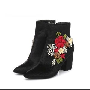Black Floral Applique Velvet Bootie